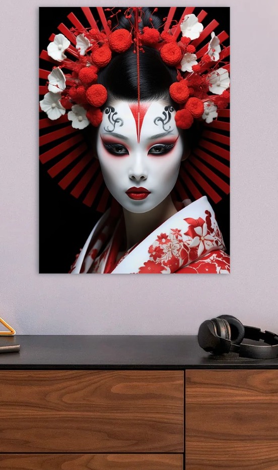 Geisha Portrait with Red and White Headd — metal poster wall art by Lineer
